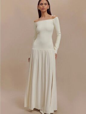 Meshki Cream One-Shoulder Long Sleeve Maxi Dress